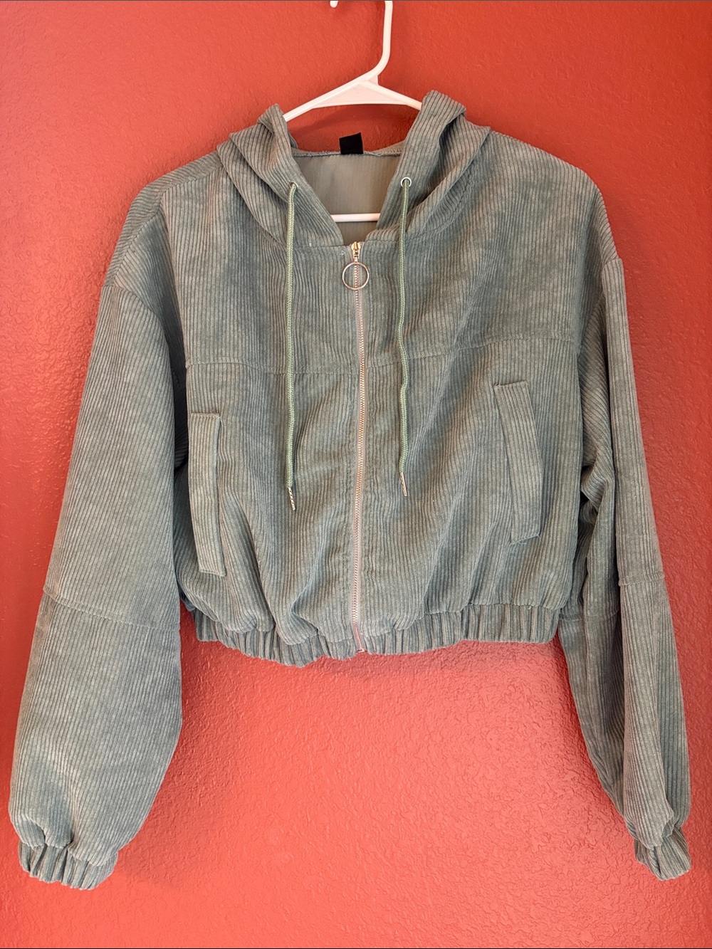 SHEIN Sage Green Corduroy Hooded Bomber Jacket